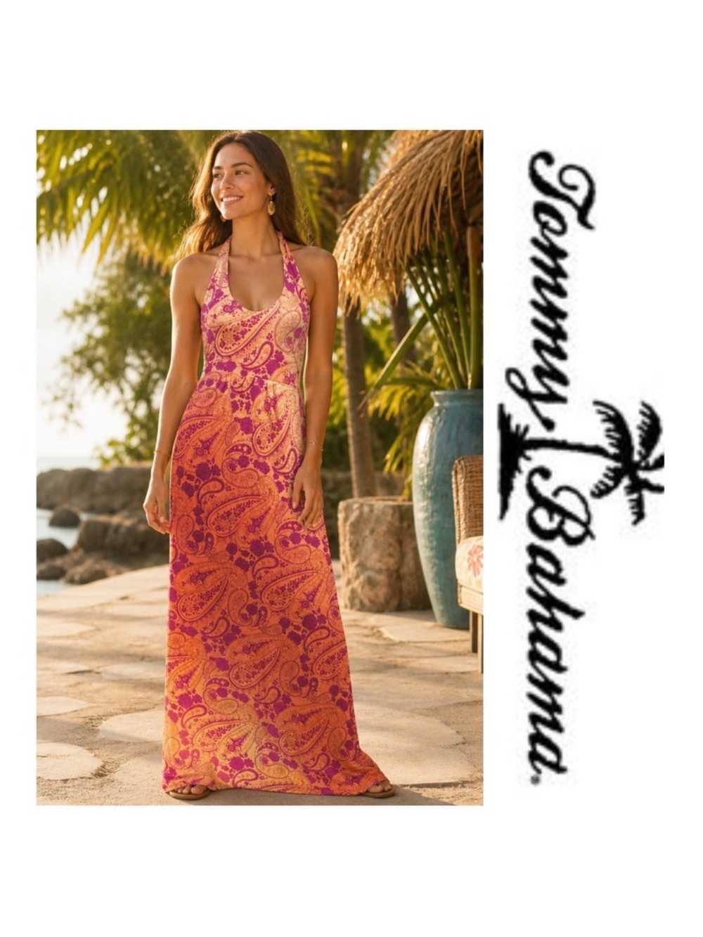 Tommy Bahama Soft Casa Sunrise Paisley Halter Dress Sz Medium Orange Jupiter